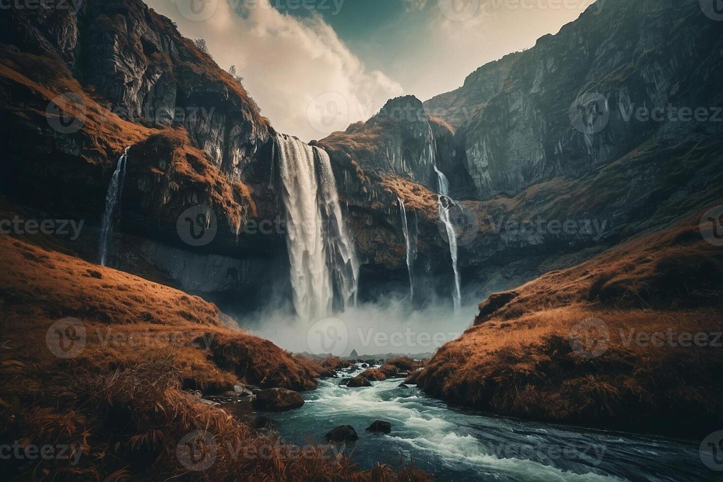 a waterfall in the mountains with a blue sky photo