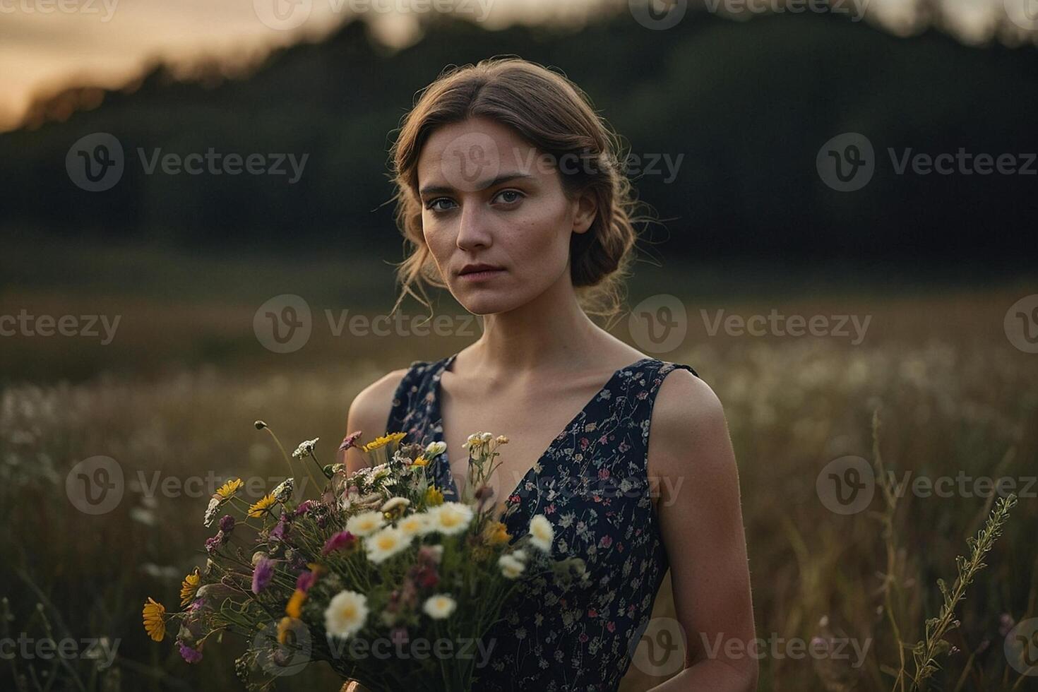 a woman in a floral dress holding flowers in a field photo