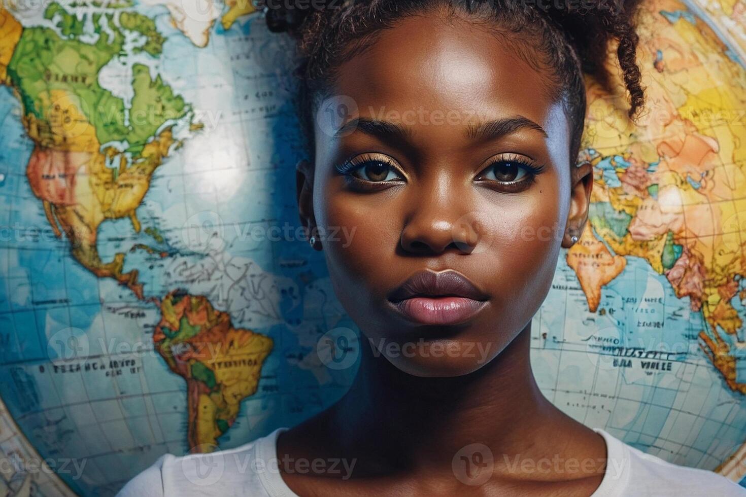 a woman with a head scarf and a world map in the background photo