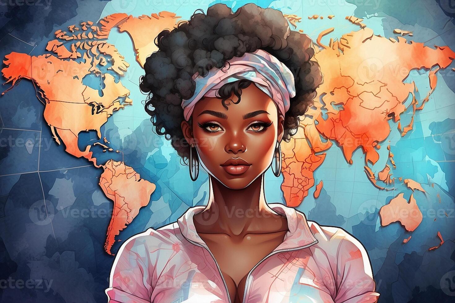 un ilustración de un mujer con afro pelo y un mapa de el mundo foto