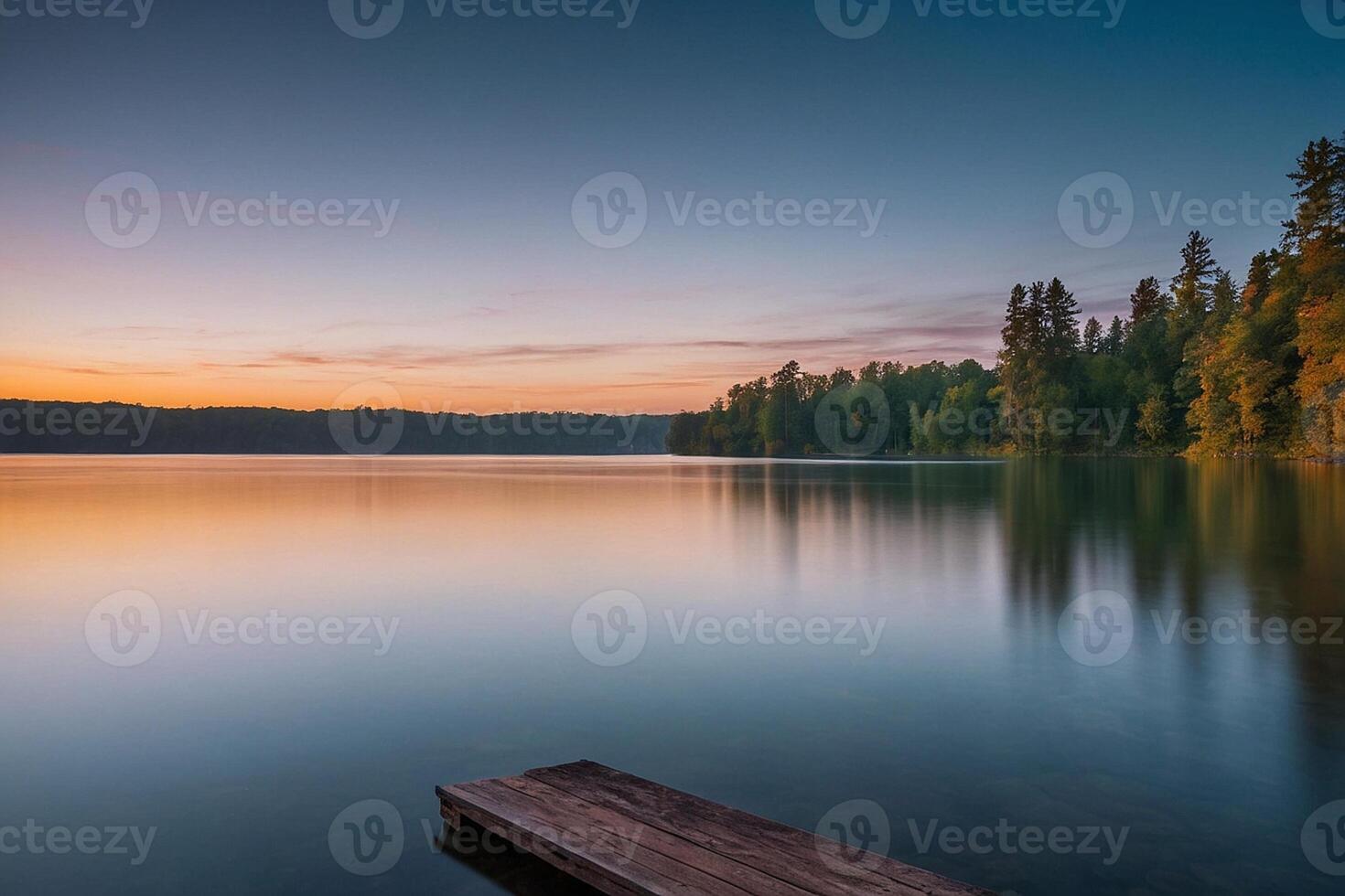 a lake with trees and a foggy sky at sunset photo