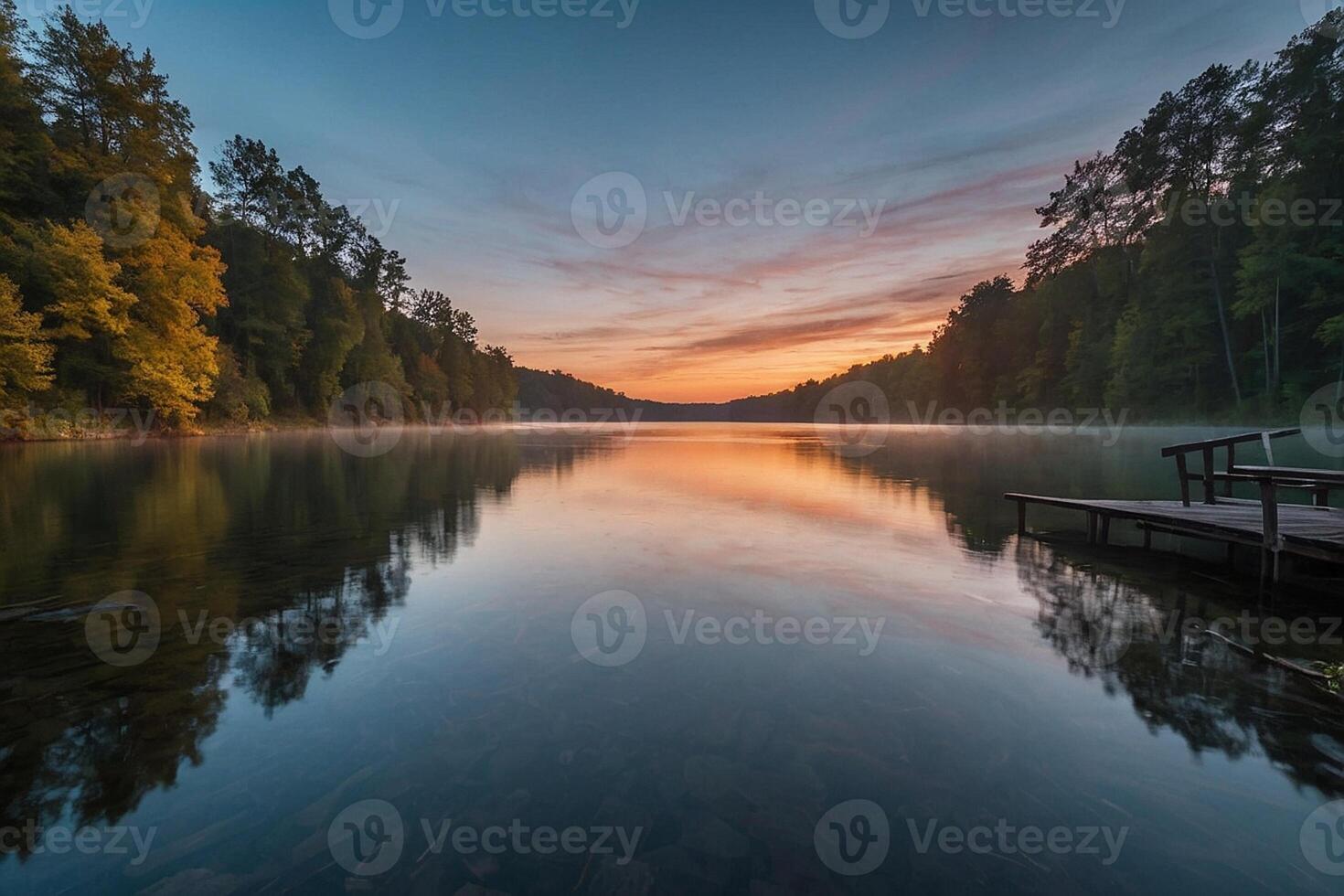 un lago rodeado por arboles a puesta de sol foto