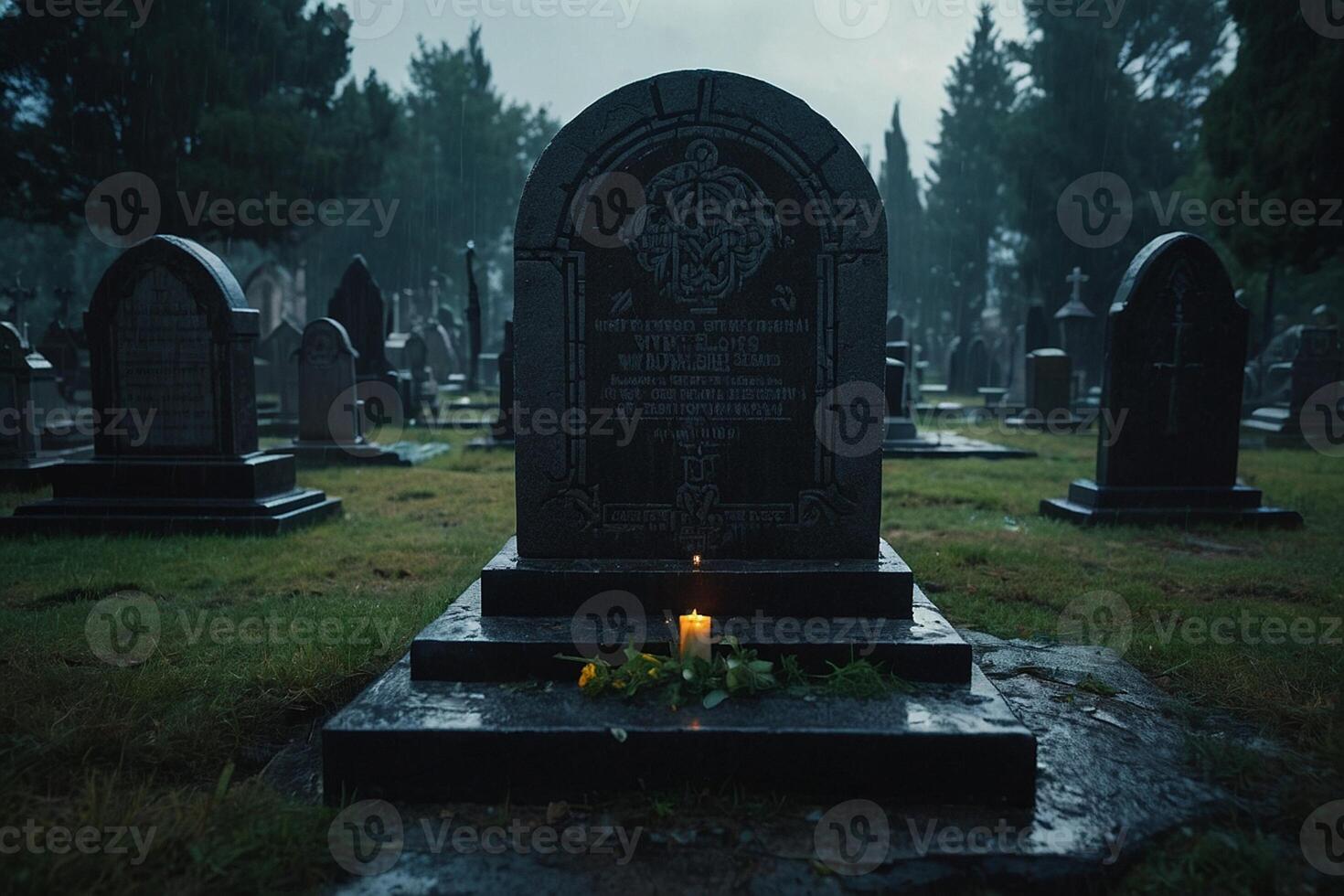 a candle is lit in front of a tombstone photo