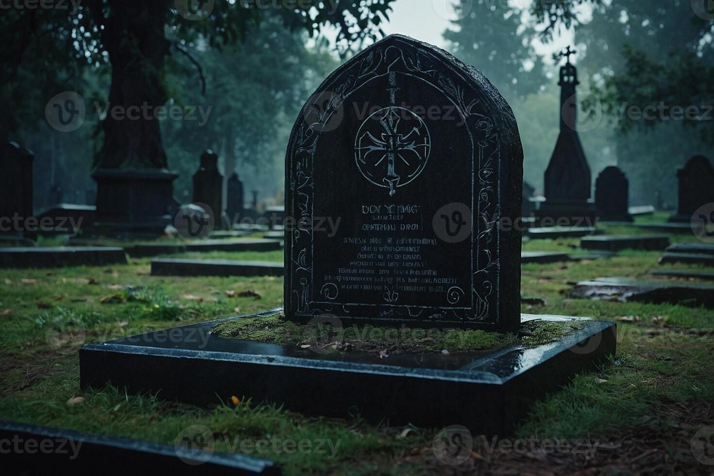 un cementerio con velas iluminado en el lluvia foto