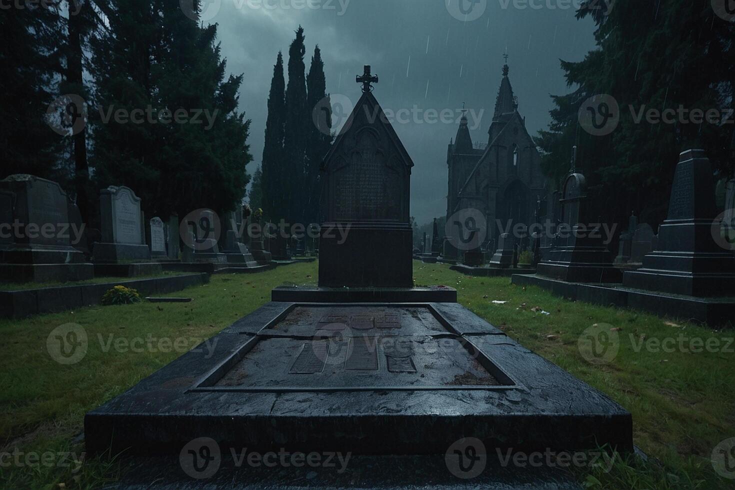 un cementerio con velas iluminado en el lluvia foto