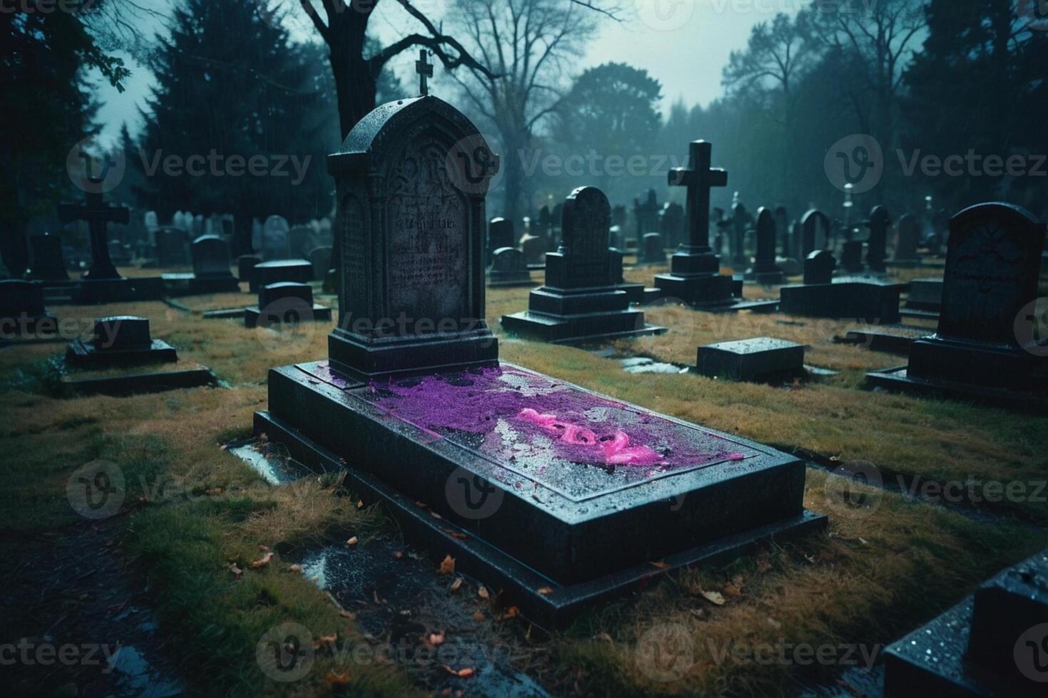 a cemetery with candles lit in the rain photo