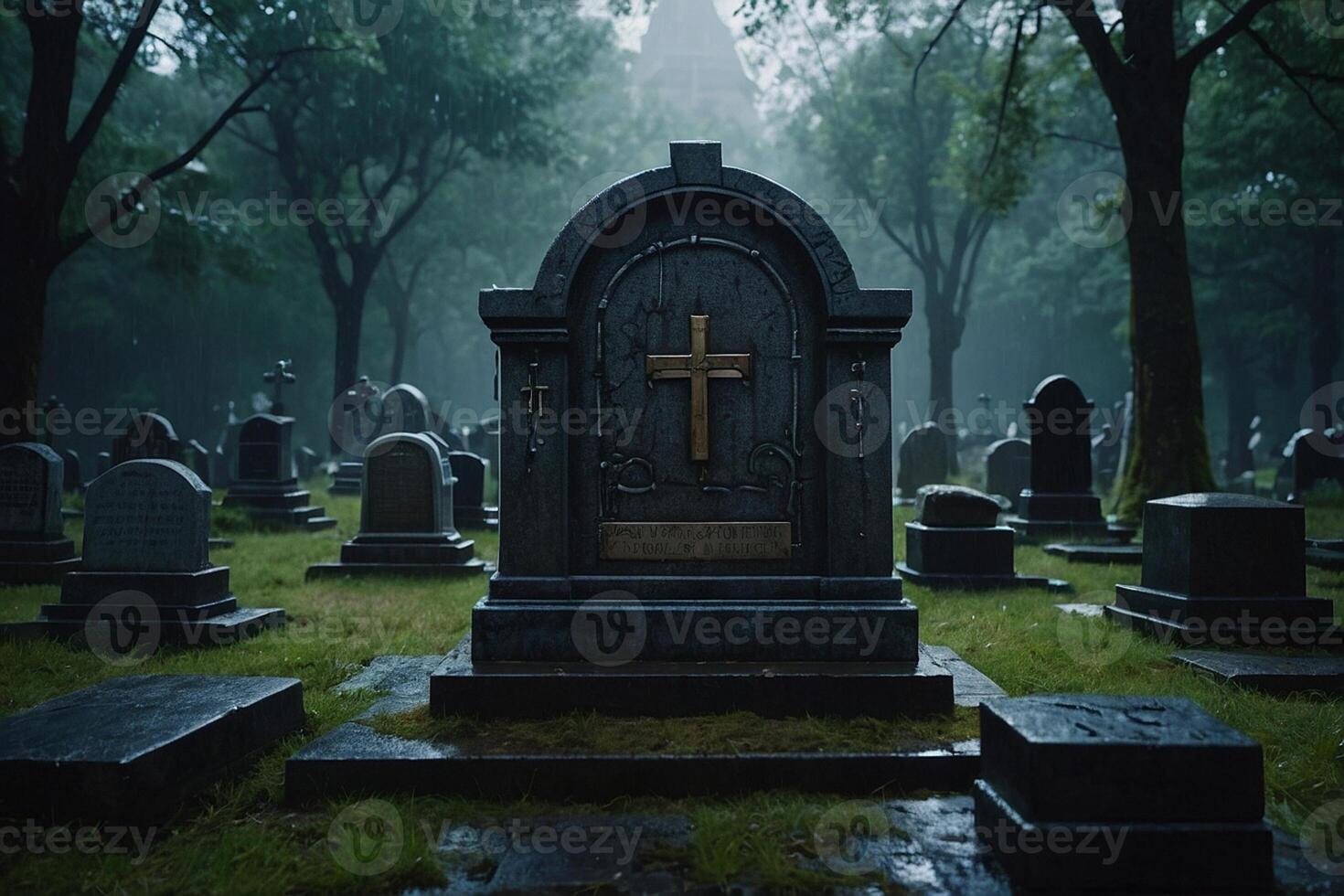 a cemetery with candles lit in the rain photo