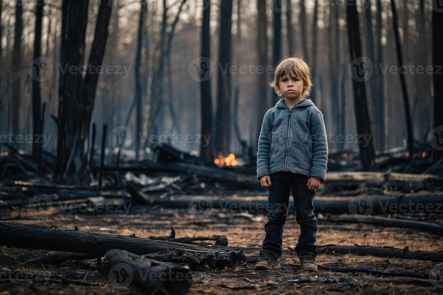 little boy standing in burning forest, natural disaster concept photo
