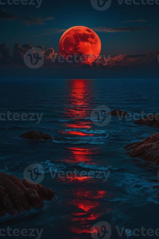 a red moon rises over the ocean photo