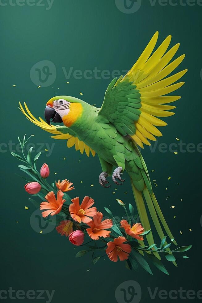 parrot with flowers and green background photo