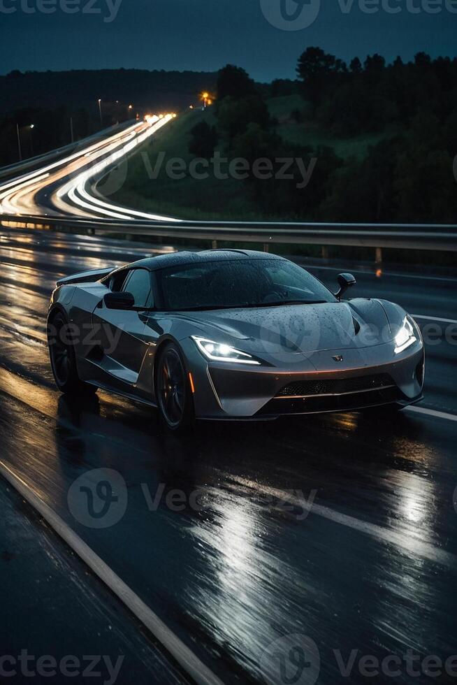 un Deportes coche conducción abajo un mojado la carretera a noche foto