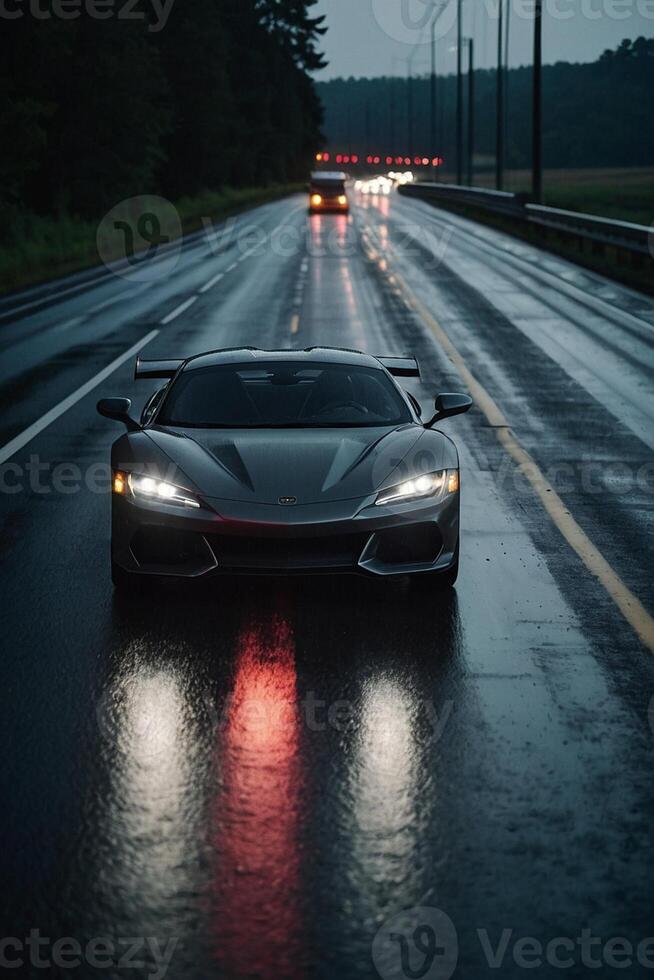 a sports car driving down a wet road at night photo