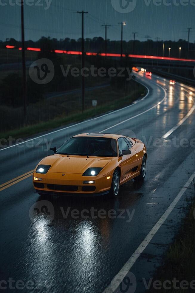 a sports car driving down a wet road at night photo