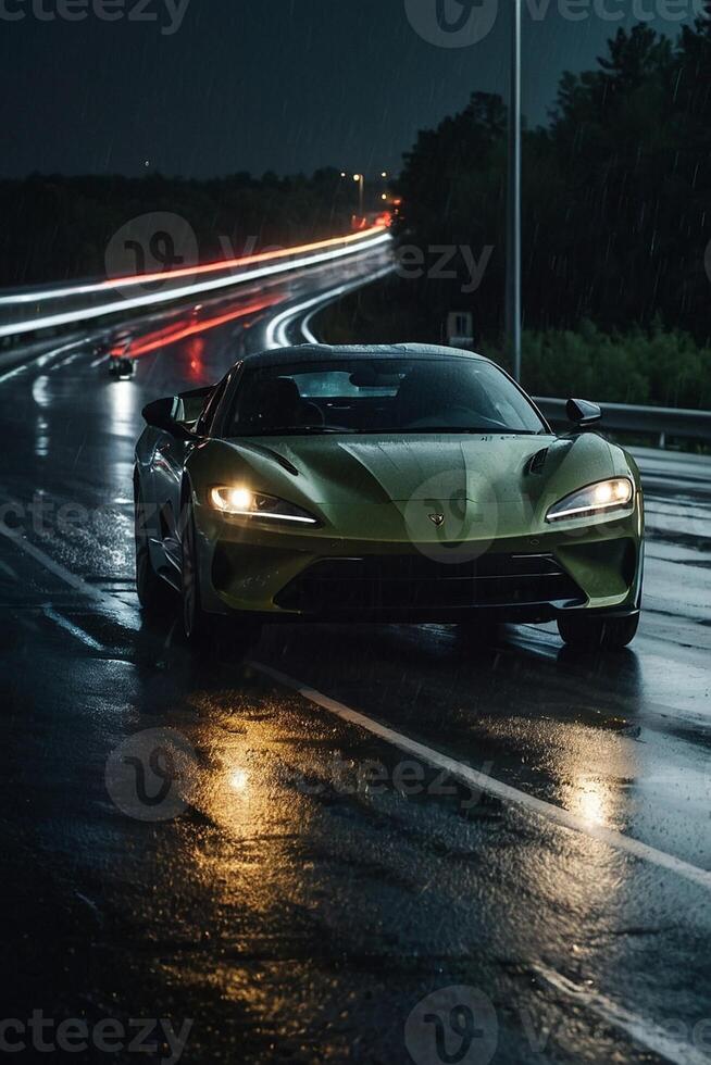 un Deportes coche conducción abajo un mojado la carretera a noche foto