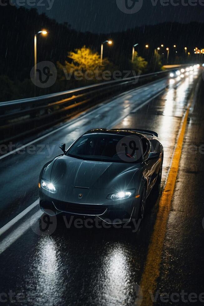 a sports car driving down a wet road at night photo