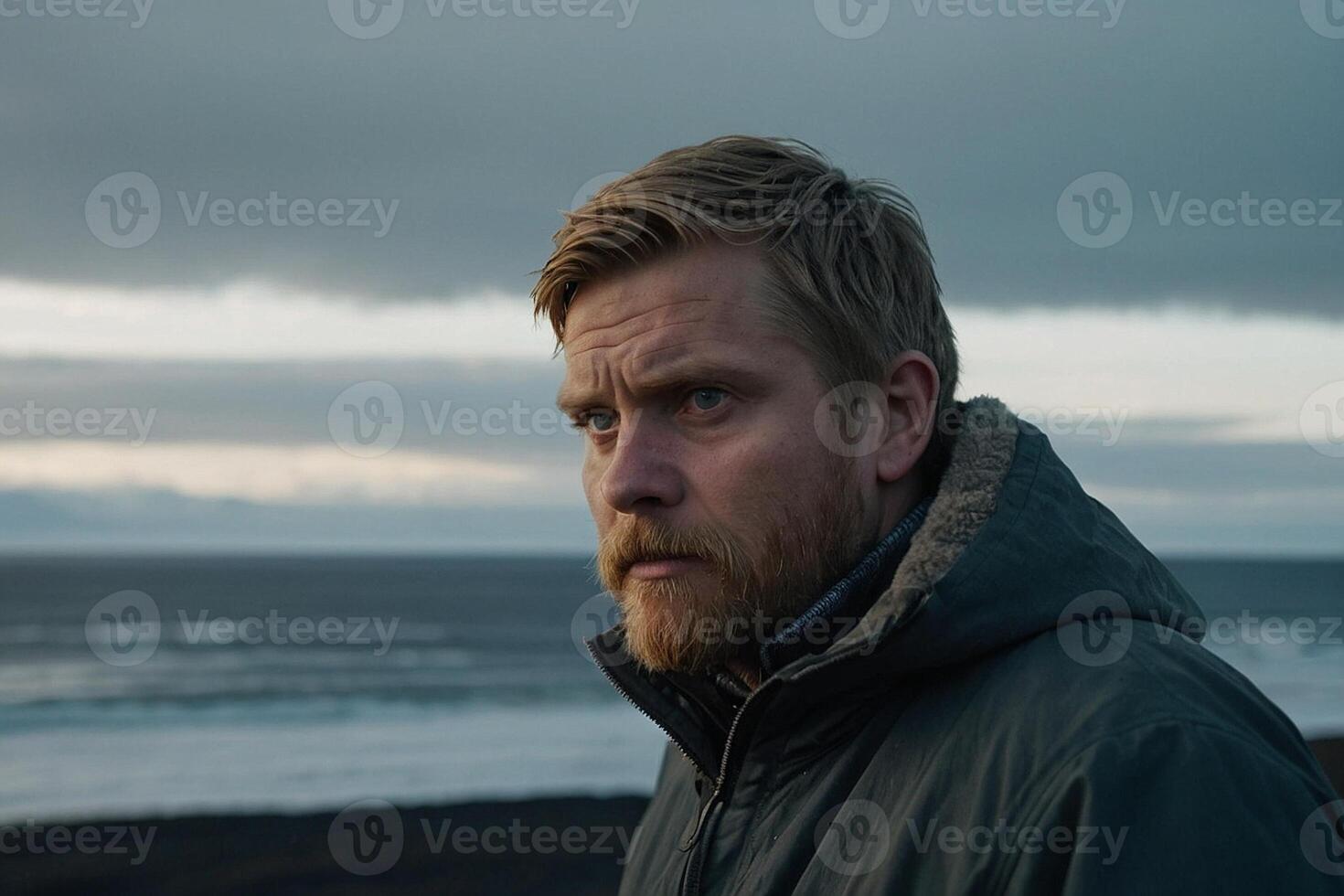 un hombre con un barba y chaqueta en pie cerca el Oceano foto