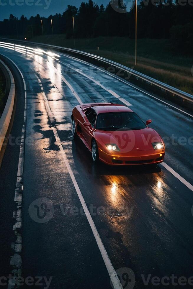 a sports car driving on a wet road at night photo