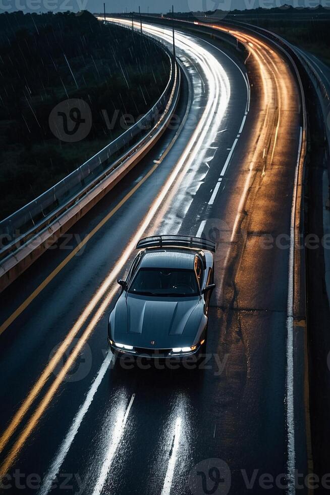 a sports car driving on a wet road at night photo