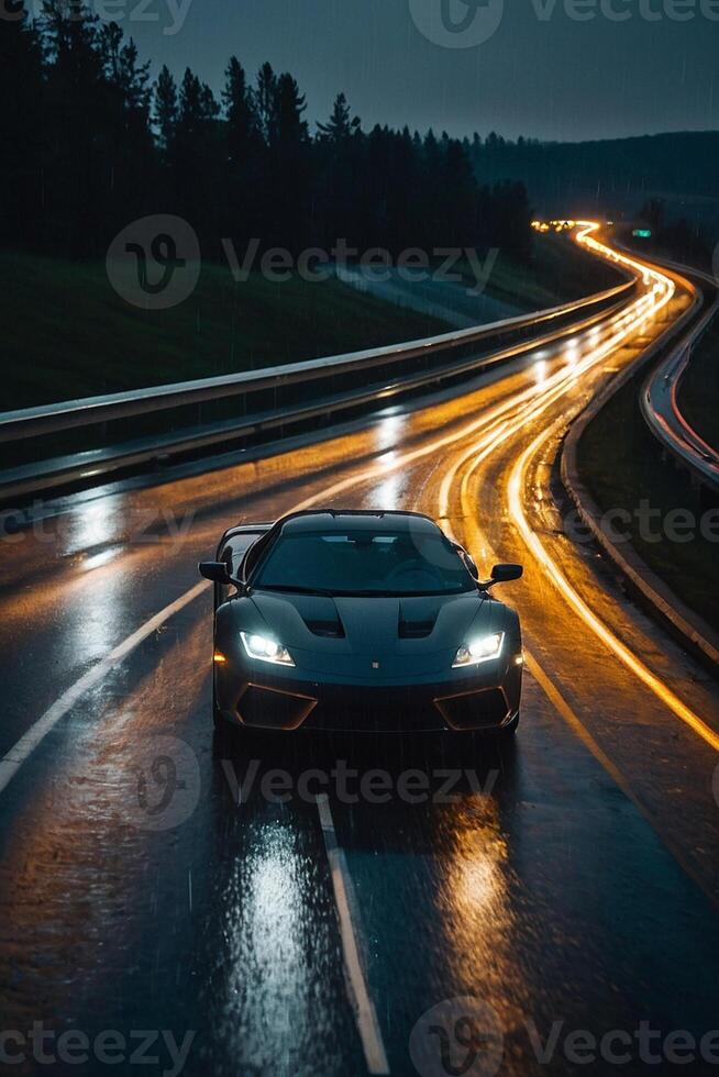 a sports car driving on a wet road at night photo