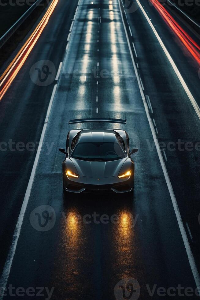 a sports car driving on a wet road at night photo