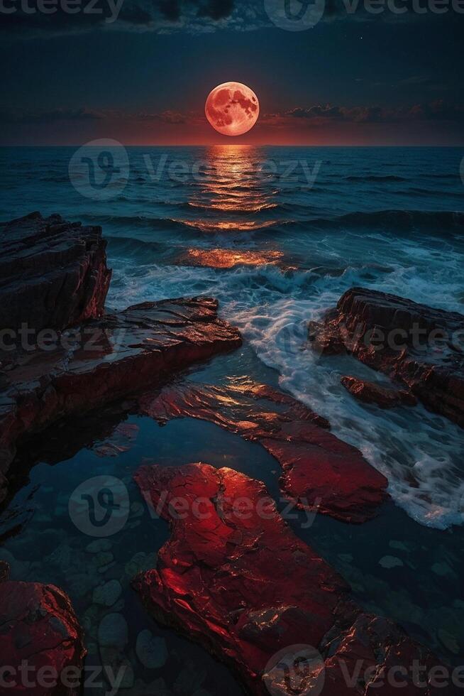 a full moon rises over the ocean and rocks photo