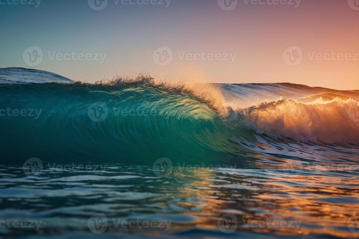 a wave breaking on the ocean at sunset photo