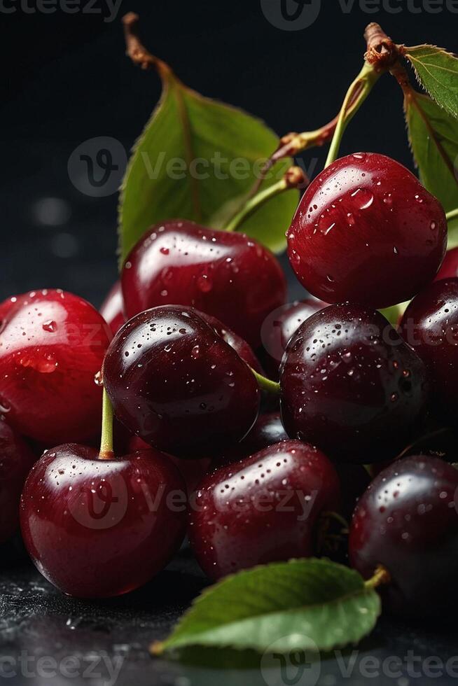 a close up of cherries with water droplets photo