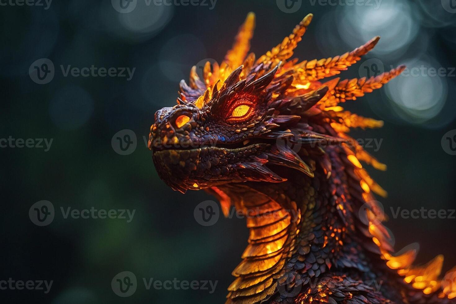 a close up of a dragon statue with glowing eyes photo