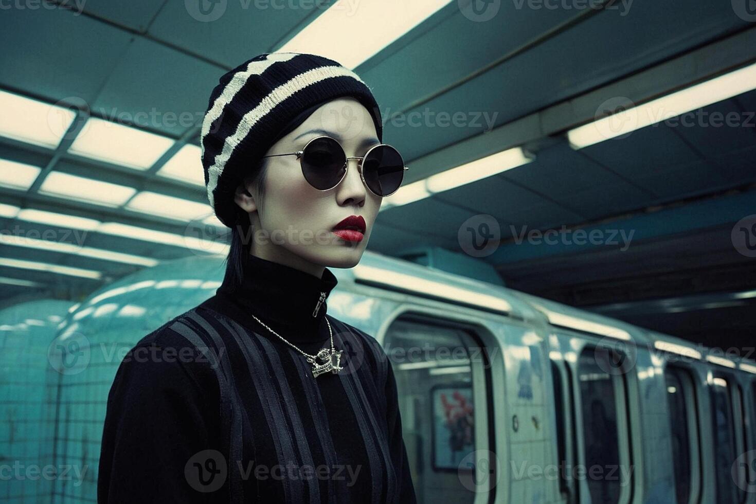 a woman wearing sunglasses and a hat stands in front of a subway train photo