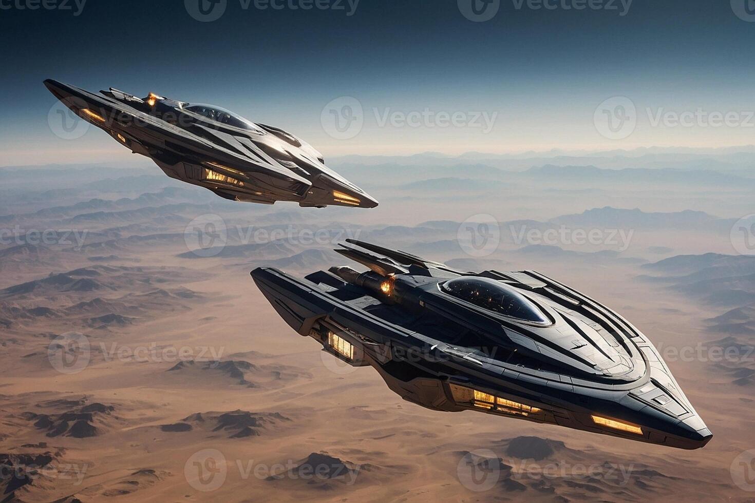 two futuristic ships flying over a desert photo
