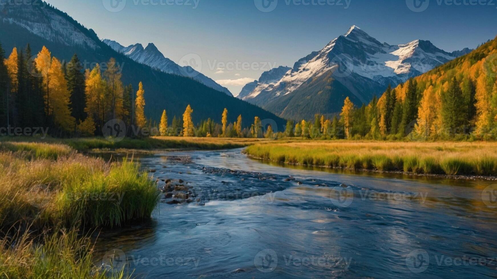 un pintura de un montaña río y arboles foto