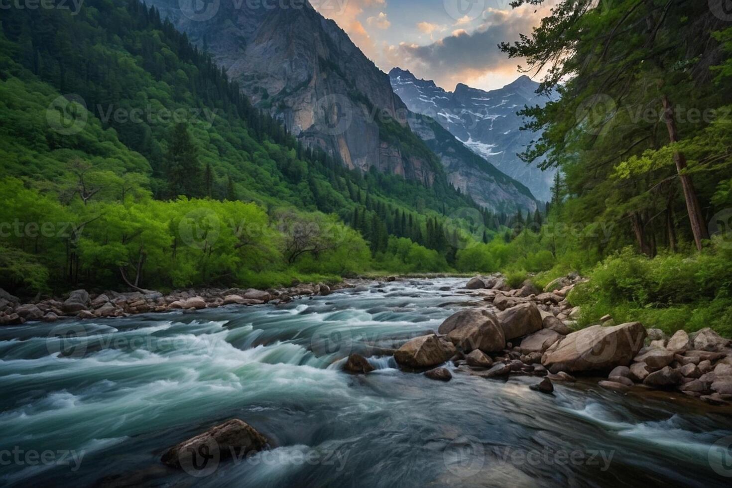 a river runs through a forest and mountains photo