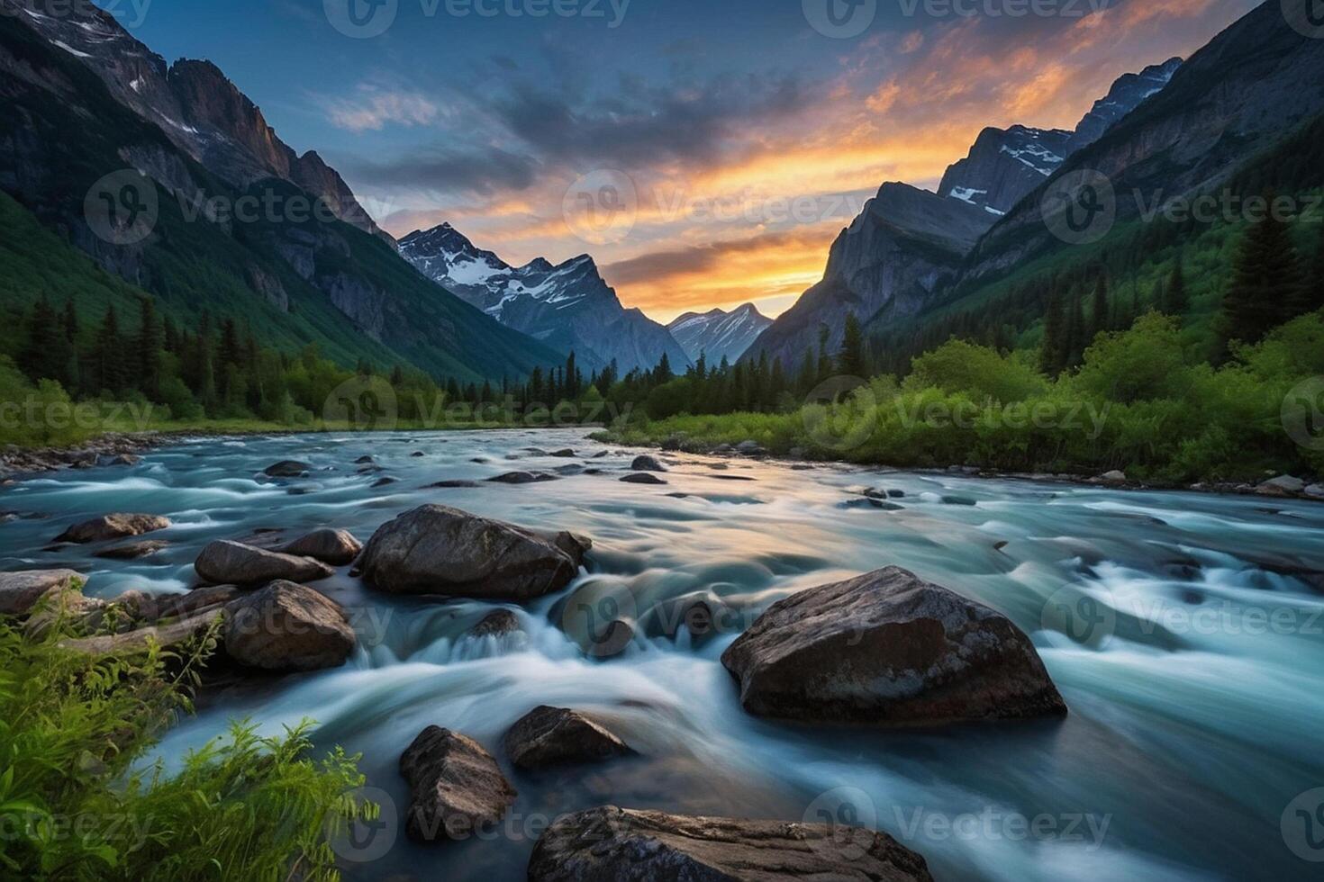 a river runs through a forest and mountains photo