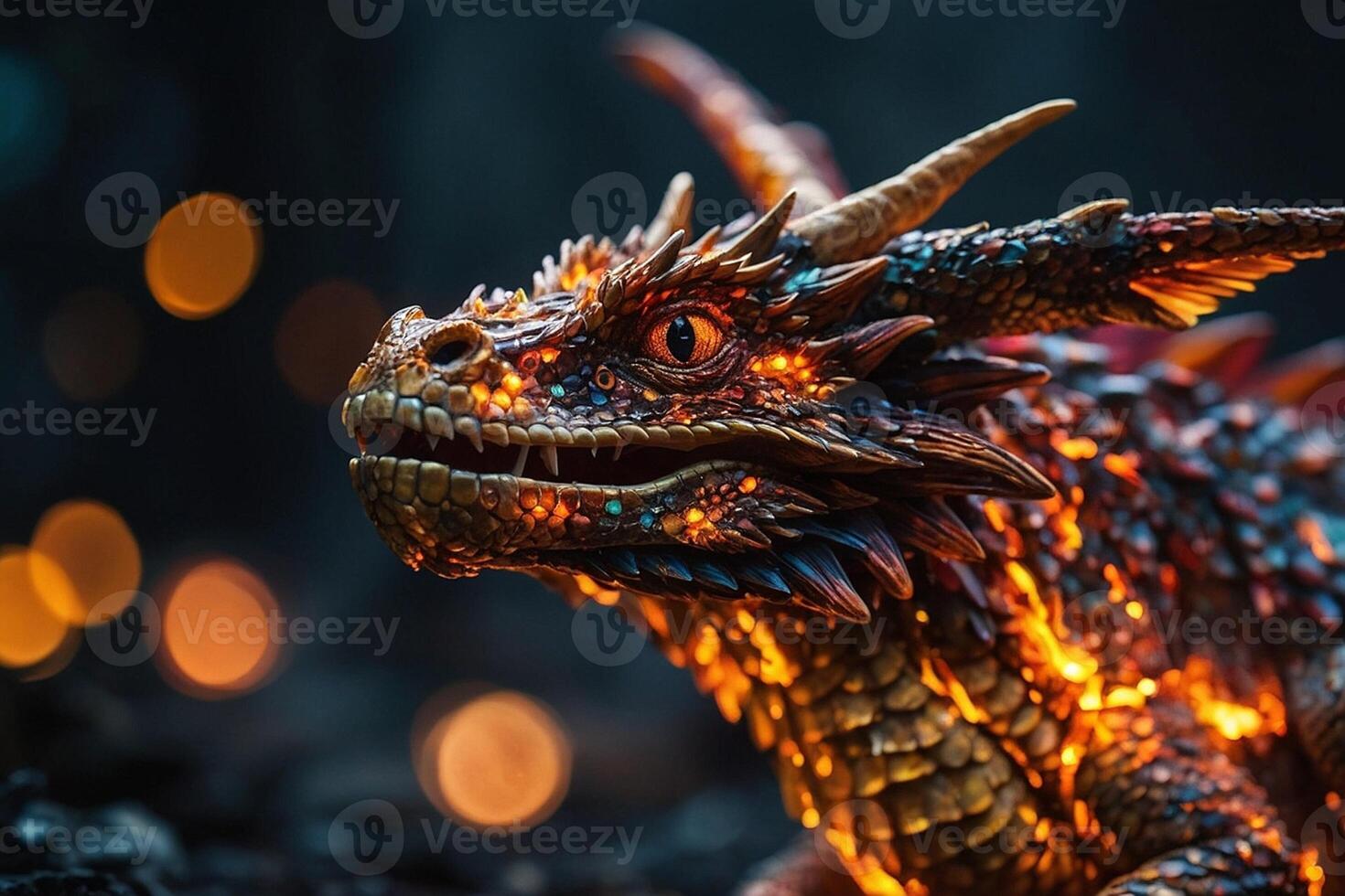 a dragon statue with glowing red eyes photo