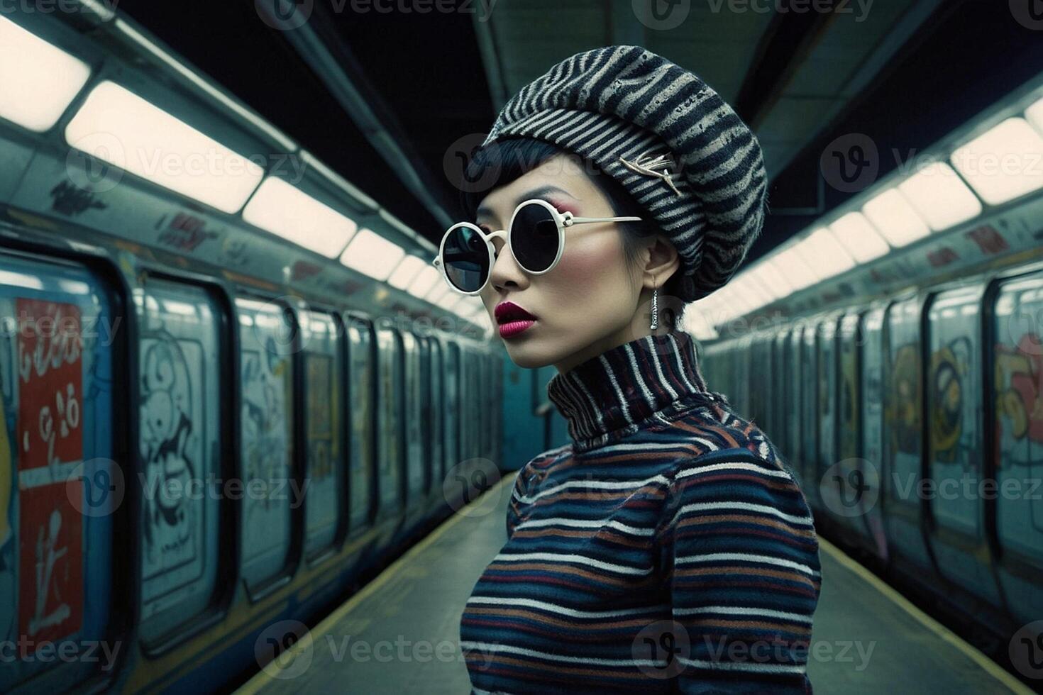 a woman wearing sunglasses and a hat in a subway photo