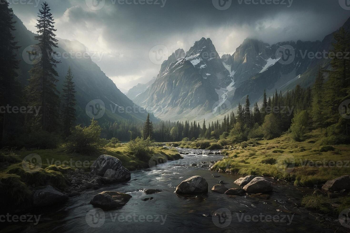 a river runs through a forest and mountains photo