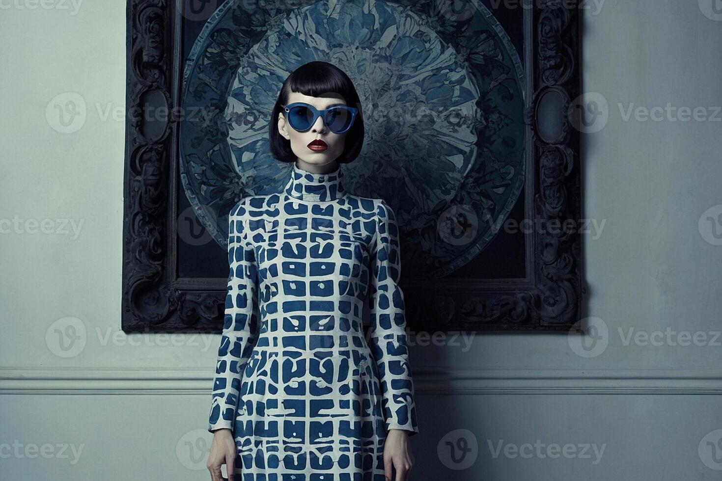 woman with short hair and sunglasses in front of a wall with a blue and white pattern photo