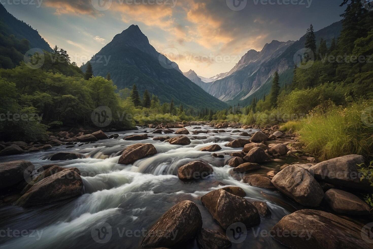 a river flows through a forest with mountains in the background photo