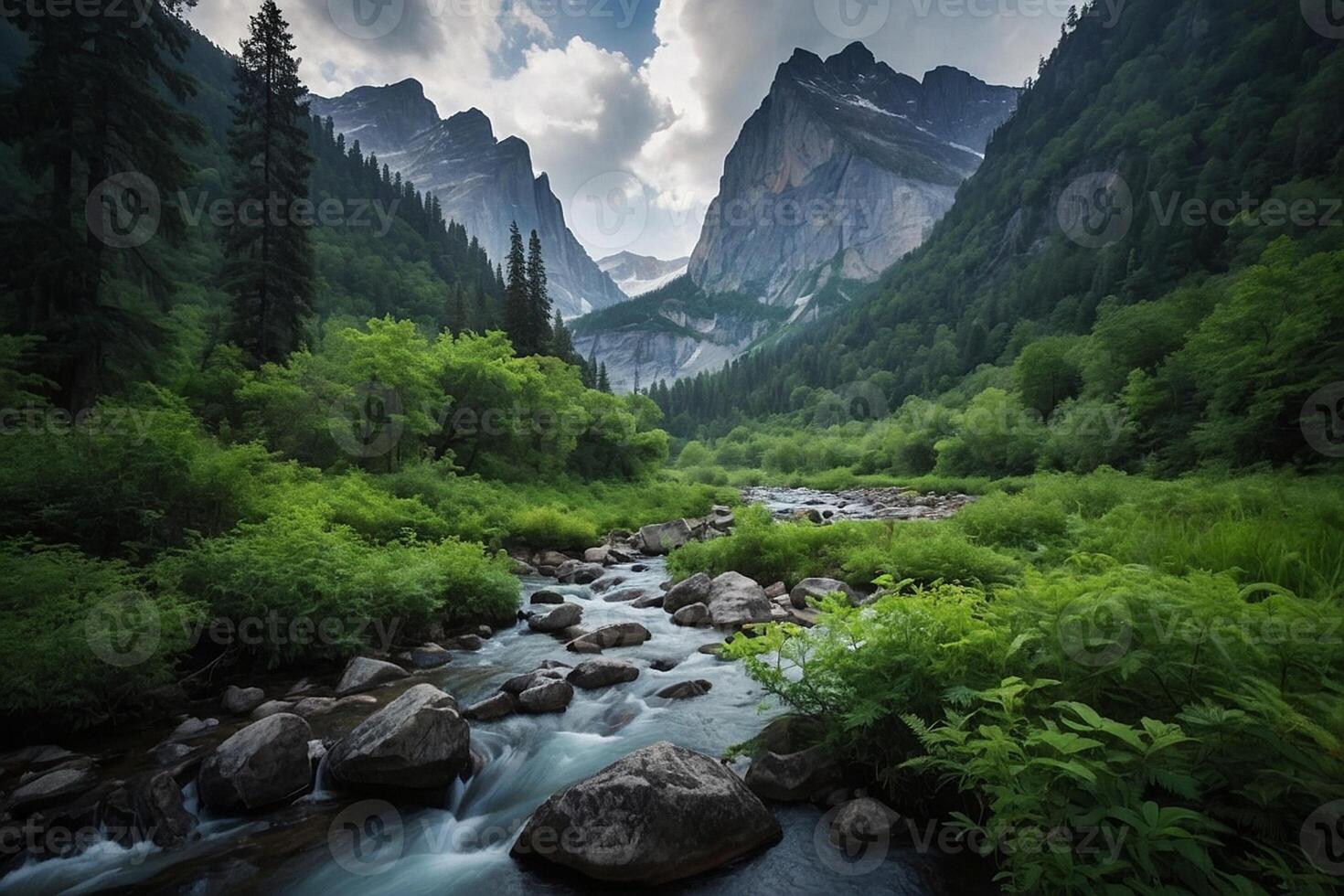 a river flows through a forest with mountains in the background photo