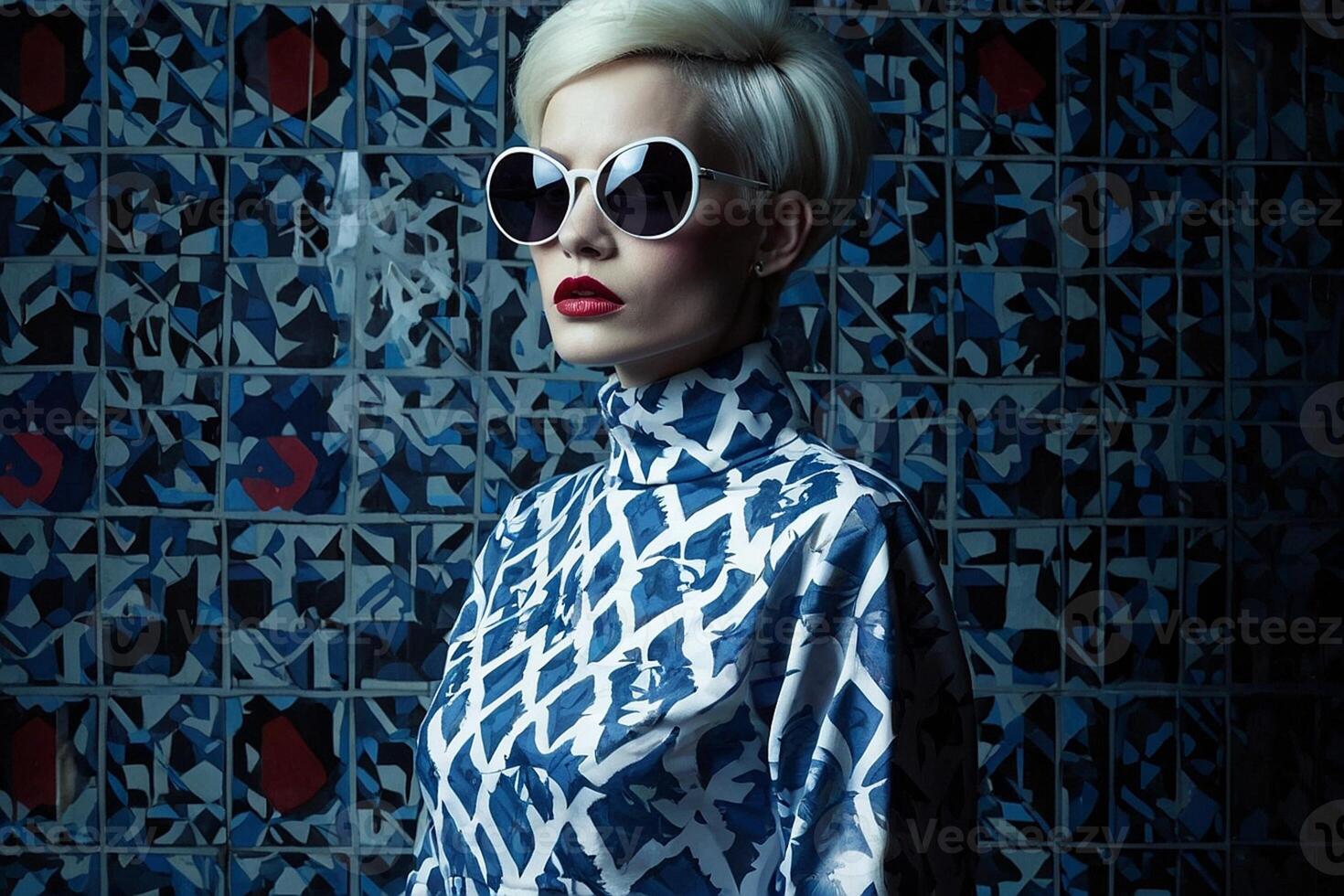 mujer con corto pelo y Gafas de sol en frente de un pared con un azul y blanco modelo foto