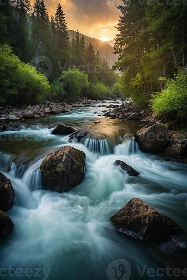 a river flows through a forest with mountains in the background photo