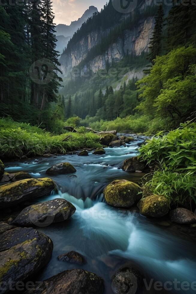 a river flows through a forest with mountains in the background photo