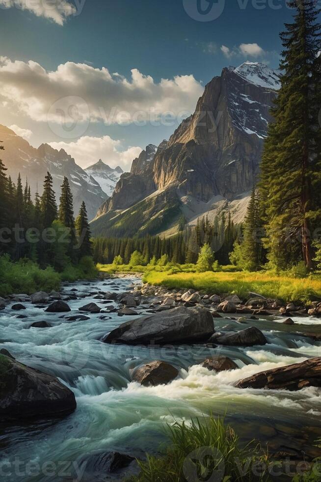 a river flows through a forest with mountains in the background photo