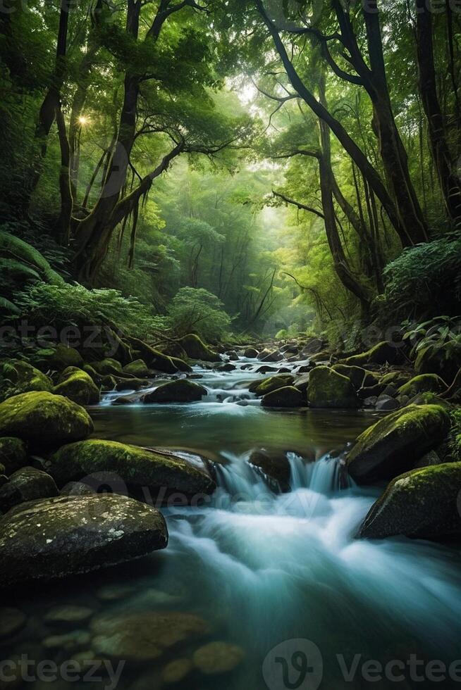 a river flows through a forest with mountains in the background photo