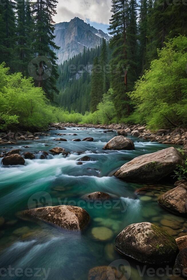 un río fluye mediante un bosque con montañas en el antecedentes foto