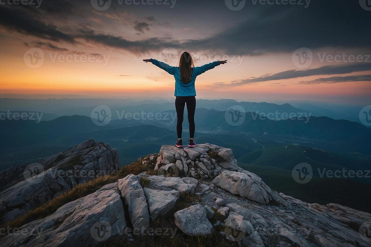 woman standing on top of mountain with arms outstretched photo