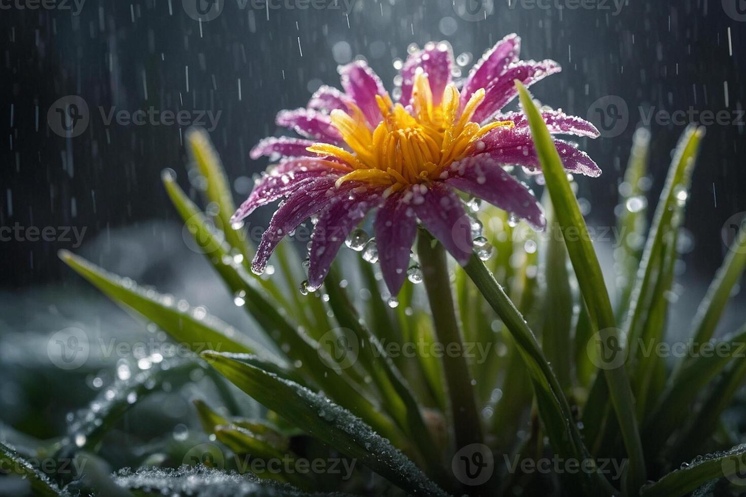 flower is in the rain with drops of water photo