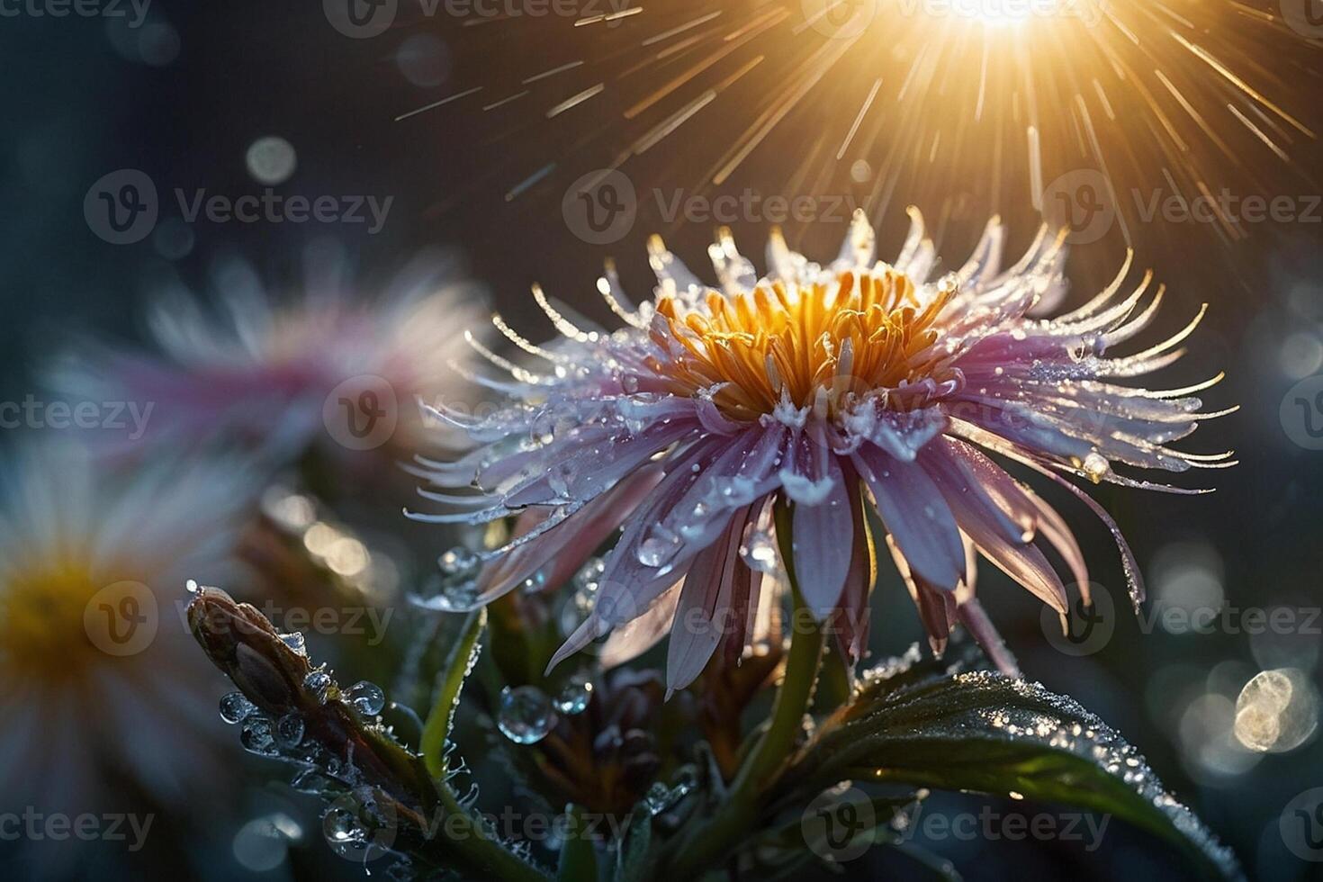 a flower with dew drops on it in the sun photo