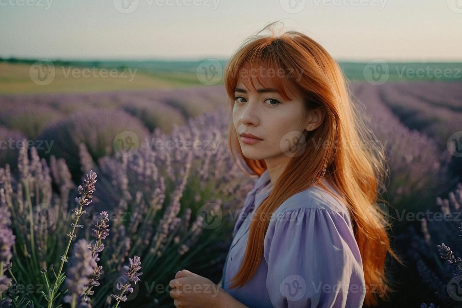 red-haired girl walks through a lavender field photo