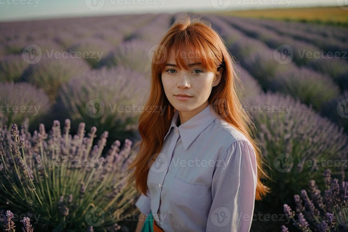 red-haired girl walks through a lavender field photo